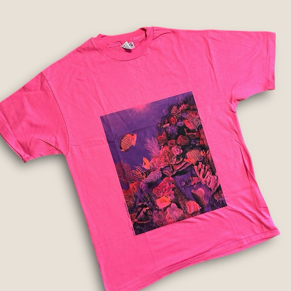 VNTG 90s Coral Reef Fish Graphic T-Shirt Impulse Wear Hanes Beefy-T USA L Large